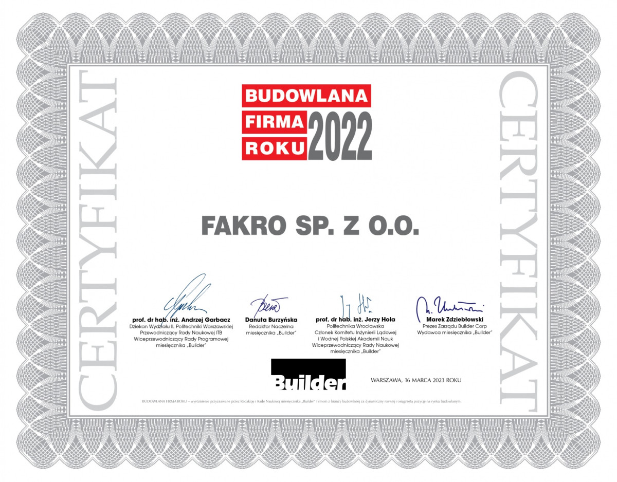 FAKRO Budowlaną Firmą Roku 2022. JANUSZ KOMURKIEWICZ Osobowością Branży 2022