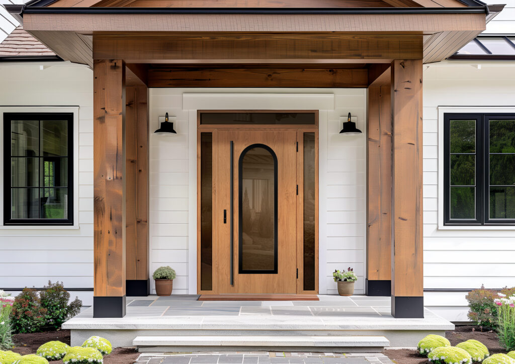 A front door detail of a white modern farmhouse with a wooden fr