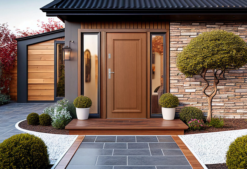 Modern house facade. Main entrance of living building. Door of luxury building with backyard in front. Created with Generative AI